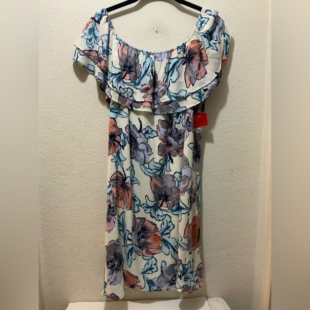Everly Floral Sun Dress Soft Watercolor Design Wide Shoulder Above Knee Sz M